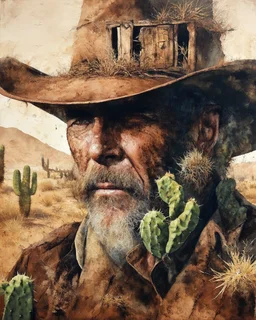 The old Cowboy of the Desert, double exposure cowboy face formed by a old weatheredmud hut with cactus and tumbleweeds around it, watercolor by Jean-Baptiste Monge and Yossi Kotler,Modifiers:sharp focus extremely detailed intricate oil on canvas portrait hyperrealistic high definition crisp quality