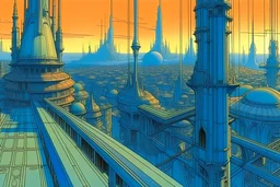 sci-fi/fantasy city seen from an ancient looking balcony by Moebius