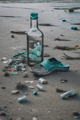 A toes looks dirty on the grey Sands and dirt, a broken glass bottle laying around them
