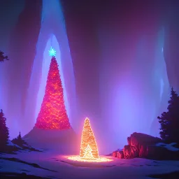 Christmas tree inside a volcano with donuts on the tree, hyper realistic, photography, rays, amazing lighting