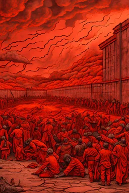 A lot of Prisoners line up in hell in front of a big wall , red clouds in the sky with huge amount of dead people laying on the ground