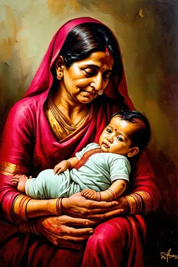 A lovingly depicted Indian mother and her baby, the tenderness between them palpable. The oil painting captures their deep bond, with the mother's eyes overflowing with affection and the baby nestled close, radiating warmth and connection. The colors are rich and vibrant, conveying a sense of emotion and love that transcends the canvas. This masterpiece is a stunning portrayal of maternal love, beautifully rendered with masterful skill and attention to detail.
