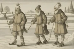 The wise men, Melchior, Gaspar and Baltasar, skating on the ice