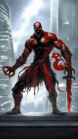 Venom symbiote with kratos Beard and red tattoos and Clothes, holding blade of choice