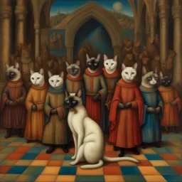 Siamese Cats in colorful costume performing on stage in a medieval opera, Hans Memling style, stylize 750, by yerka, by varo, encaustic