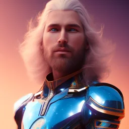 Full body ,Beautiful cosmic man, blue eyes, long blond hair, cosmic suit, galactic blue backdrop, soft lighting, hyper realistic, unreal engine 5, 16k