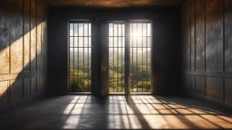 Interior of a dark dismal prison cell, looking out through an open cell door into gardens and distant hills in bright sunshine and freedom. Exquisite composition, beautiful detailed intricate detailed octane render, 8k artistic photography, photorealistic, perfect light, chiaroscuro, award-winning photograph, masterpiece