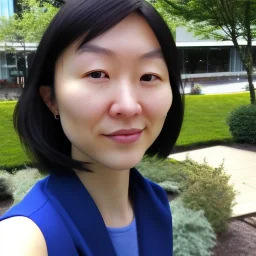 A short haired, Japanese female software engineer from MIT taking a selfie in front of Building 92 at Microsoft in Redmond, Washington