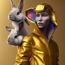 Ultra Realistic portrait, woman with rabbit mask, cyberpunk, latex suit, gold pink and blue style, photo studio, vibrant color, highly detailed, concept art, smooth, unreal engine 5, god rays, ray tracing, RTX, lumen lighting, ultra detail, volumetric lighting.