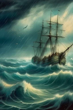 Rain and storm in an ocean with high waves , a big ship is sinking , Bosch painting style