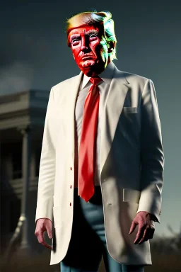 Ultra realistic image night, Donald trump zombie, suit, blood, torn arm, night, the walking dead style, dark ambient, highly detailed, White House background, concept art, unreal engine 5, ray tracing, RTX, focal lighting, ultra detail, volumetric lighting, 3d, finely drawn, high definition, high resolution.