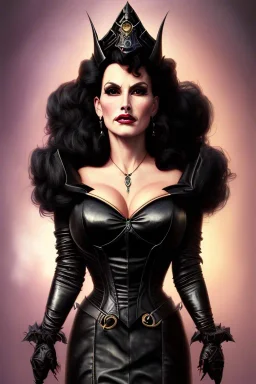 painting of lisa ann as evil queen in black leather, feminie, angry, stern look on her face, volouptous, busty, cleavage, emperious, mature, highly detailed, digital painting, artstation, concept art, smooth, sharp focus, illustration, art by gaston bussiere and alphonse mucha