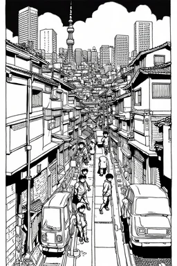 Poor neighborhood Tokyo, line arts, manga style