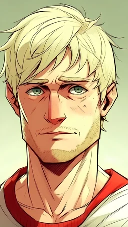 man, 35 years old, blond, short hair. red eyes. athletic build. height 190. smart and cruel, comic art