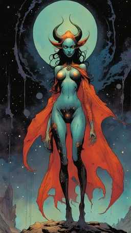 Demon girl wizard behind, cosmic horror, nightmare, galaxy in eyes, fullbody, in the comic book art style of Mike Mignola, Bill Sienkiewicz and Jean Giraud Moebius, , highly detailed, grainy, gritty textures, , dramatic natural lighting