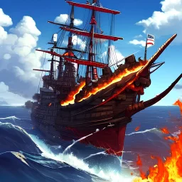 dragon, fire, big, red, furious, sky, clouds, high resolution, anime, epic, burning a pirate ship, pirates, ships, cannons, cannon balls, smoke, water, sea