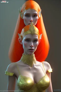 painting of a tall elven young woman with short light orange hair and freckles on the cheak bones and tall body of a topmodel light clothes, full body shot, ultra realistic, concept art, intricate details, eerie, highly detailed, photorealistic, octane render, 8 k, unreal engine. art by artgerm and greg rutkowski and charlie bowater and magali villeneuve and alphonse mucha