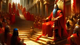 In a huge royal hall, at the top of a gigantic staircase, a mighty long-haired king sits on a throne, in his hand a long rod with radiance emanates. Above his head is the inscription TREND. Just below sit mighty men in beautiful clothes and above them is the inscription LEVELS. Even lower down the stairs there are people sitting, some of them in red clothes and other people in green clothes, there is an inscription CANDLES.