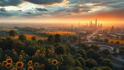 aerial view of a landscape trees and sunflowers fields and a city that looks futuristic with futuristic lighting, horizon, realistic rendering