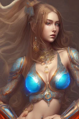 isometric clean art of super beautiful voluptuous lady, soft lighting, shin hanga high definition, blender 3d, beautiful, long hair, bismuth filigree blonde hair, skin-tight shiny orange and teal leather cropped top and waist-length miniskirt