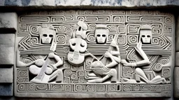 futuristic, realistic,tecno musicians, mayan drawings on white stone