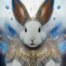 white platinum rabbit with blue third aye and butterfly wings, aboriginal, dot painting, indiginous, dot, mud, dream-time, abstract, dots, natural pigment, extremely sharp detail, finely tuned detail, ultra high definition, 8 k, unreal engine 5, ultra sharp focus, art germ and Paul Lewin and Kehinde Wiley