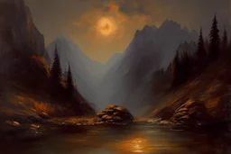 mistery night, mountains, rocks, river, epic, gothic and dark, otto pippel impressionism paintings