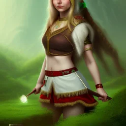 Halfling, woman, full body, red braid hair, adventurer, green eyes, magic, Lilith,