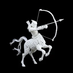 2D yarn art, minimalism, Male Centaur in an aiming a bow and arrow pose made entirely out of white yarn, dark negative space, extreme contrast, concept art, stunning, dramatic, intricate details, reminiscent of the stylized concept art of Ash Thorp, showing the beauty of simplicity