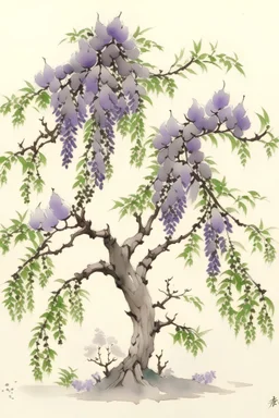 Japanese painting of an old wisteria tree in bloom, in the style of Sumi-e, pastel colours