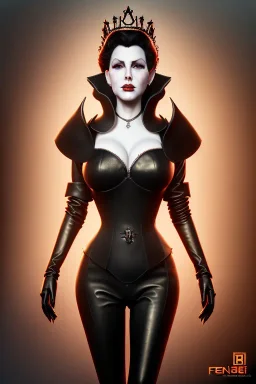 Lana Turner as evil queen in black leather, leather, busty, cleavage, angry, stern look. character design by cory loftis, fenghua zhong, ryohei hase, ismail inceoglu and ruan jia. unreal engine 5, artistic lighting, highly detailed, photorealistic, fantasy