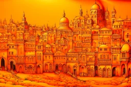 An orange colored town with a coliseum designed in Moroccan rug art painted by Albrecht Durer