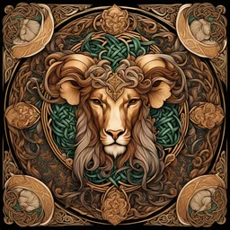 celtic leo aries sign I centered | symmetrical | key visual | intricate | highly detailed | iconic | precise lineart | vibrant and natural all round colors | comprehensive cinematic | alphonse mucha style illustration I very high resolution | sharp focus | poster | no watermarks I plain black background I image to fit within the square