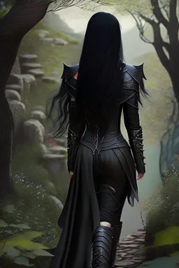 beautiful elven girl with black hair, she wears black fantasy medieval clothes, she is slim, full body with boots, view from the back, hidden face