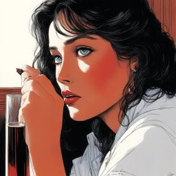 [art by Jean Giraud] Ashley leans in closer, her eyes locked on yours, a smoldering intensity in her gaze. "Your hotel room, huh? Sounds like you've got some very specific ideas in mind." She traces a finger along the rim of her glass, her nail polished a deep, glossy red. "I like a man who knows what he wants." She downs the last of her drink and slides out of the booth, her movements fluid and graceful. "Lead the way, Chuck. Let's see what kind of inspiration we can find together." Her voice
