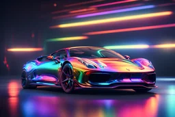 FERRARI RAINBOW CHROME design, high quality, 3d render, digital art, 32K ultra hd, hyper realistic, cinematic, high definition, new design, tron style, ultra detailed atmospheric details, beautiful glowing effects, sparkle effects, MULTICOLORS, METAL MATERIAL,