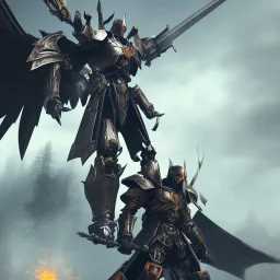 Human male, Winged Warrior Knight in black metal mech armor wielding two swords ready to fight, symetrical, centered, rage, sorrow, high definition, ultra 8K, volumetric lighting, blue fire, fog, extremely detailed, hyper realistic