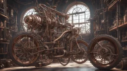 Fantasy magical complicated machine to make bicycles, bike factory, amazing engineering, steampunk, gaspunk, intriguing, amusing, complex, exquisite composition, beautiful detailed octane render, trending on artstation, 8k artistic photography, photorealistic concept art, soft natural volumetric perfect light, chiaroscuro, award-winning photograph, masterpiece, heath robinson, Escher, Disney, Pixar