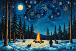 Winter solstice celebration under a starry sky, bonfire, night Creatures watch from the edge of the forest colourful Zdzisław Beksiński Picasso naive art Henri Matisse Alex Grey SALVADOR DALI Andy Warhol Paul Gauguin Claude Monet Gustav Klimt Ernst Ludwig Kirchner Tim Burton graffiti zentangle Marc Chagall Jackson Pollock Francis Bacon Egon Schiele Georges Seurat M.C. Escher Joan Miró Louis Wain Victo Ngai Enki Bilal Camille Pissarro art brut Odilon Redon Remedios Varo primitivism Jean-Michel