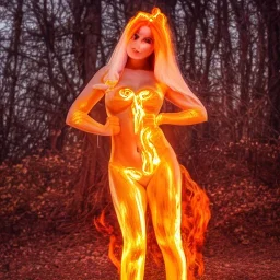 woman made of fire, fire angel, fire clothes, full body portrait, long flowing yellow hair, highly detailed, real life photo, photo quality, extremely detailed, highly detailed, 8K, crisp quality, looking at me