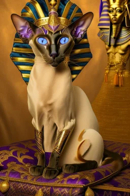 A Oriental shorthair Siamese cat wearing a small Pharoah's crown .The cat is sitting up tall on a purple velvet royal Egyptian cushion with intricate gold design and gold thread tassels. BG is Pharoah on his throne in painterly, airbrushed, image. Bing.