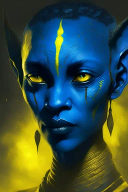 Night time, portrait, Na'vi with a short hair, Avatar, blue skin, two ears, yellow eyes, black hair, african clothes, alien, pandora, red mark on the face