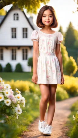 a 5 percent carton like 4 years old girl with realistic face and bob hair and makeup in pretty top and short tight and nice shoes,looking like a beautifull lady standing in country side next to country house with flowers,trees.