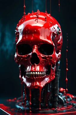 A black cyberpunk cyborg skull, covered in thick red paint, dripping effect, cinema4D, art inspired by daytoner, 3D digital portrait, bizarre, cgsociety,artstation, pinterest, industrialpost punk aesthetic fused with cyberpunk glitchcore, kinetic sculpture futuristic, CGI, dark minimalism, visually captivating, enigmatic, modern, sci-fi horror, avant garde, 4k, digital oil painting, conceptual, graphic art