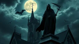 Hyper Realistic Iconic Grim Reaper Wearing A Black Cloak Standing Dramatically On The Rooftop Of A Gothic Castle With Other Ghosts Flying On Sky At Dark Cloudy Full Moon Night Showing Dramatic And Cinematic Ambiance.