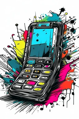 A brightly colored, plastic flip phone with a scratched and chipped exterior is held open, revealing a blurry photo of a concert mosh pit on the screen. Style: Grunge, Mood: Rebellious, Lighting: Harsh stage lights in the background, T-shirt design graphic, vector, contour, white background.