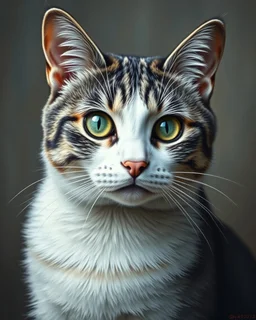 Detailed Surreal Portrait of Oriental blue and white tabby cat, with white face and green eyes by Van Gogh in muted colors.