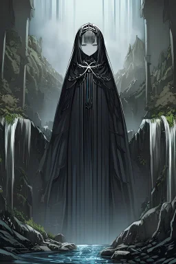 sad girl in black standing on the bank of a torrent of river and waterfall from far away gothic theme