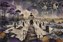 inner world , atypical world, in midle an alone human figure in weird clothes stands on the thin bridge with a big map his hands , weird whimsical landscape, forest, and Sahara water and rocks,, around surreal cracked painted weird land with some black doors. dark purple, gray, black, white, brown. Whimsical style of Chagall , of Minjae Lee and Anton Semenov, lonely with absurd beauty. broken, weird bizarr,e absurd nightmare, neuron network background, surreal vibe