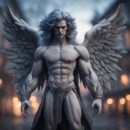 cardigan grey angel nephilim vampire with muscles and big wig, Guiding souls through twilight, where the shadows flee In this realm of aftermath, phantoms softly tread Following the will-o-wisp, where the lost are led ,bokeh like f/0.8, tilt-shift lens 8k, high detail, smooth render, down-light, unreal engine